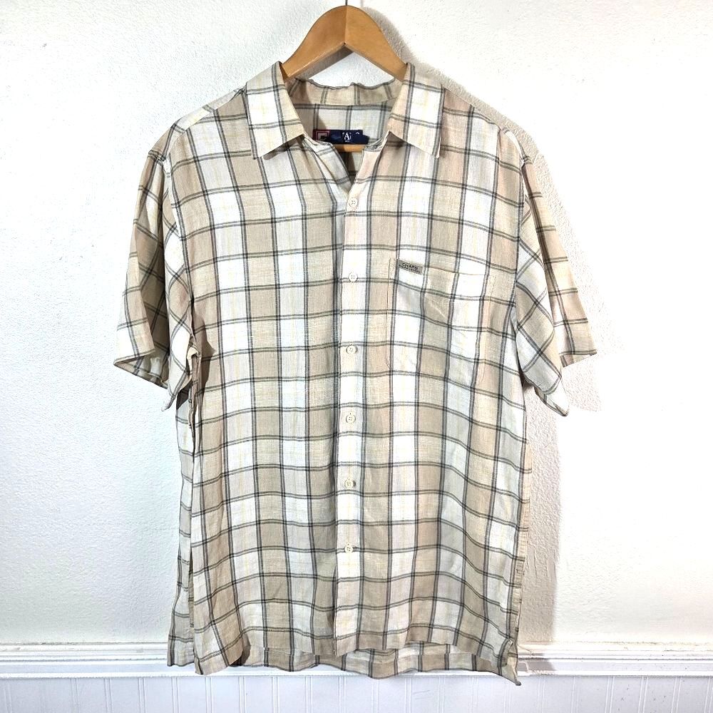 Chaps Ralph Lauren Linen Y2K Shirt Mens Small Plaid Short Sleeve Button Front